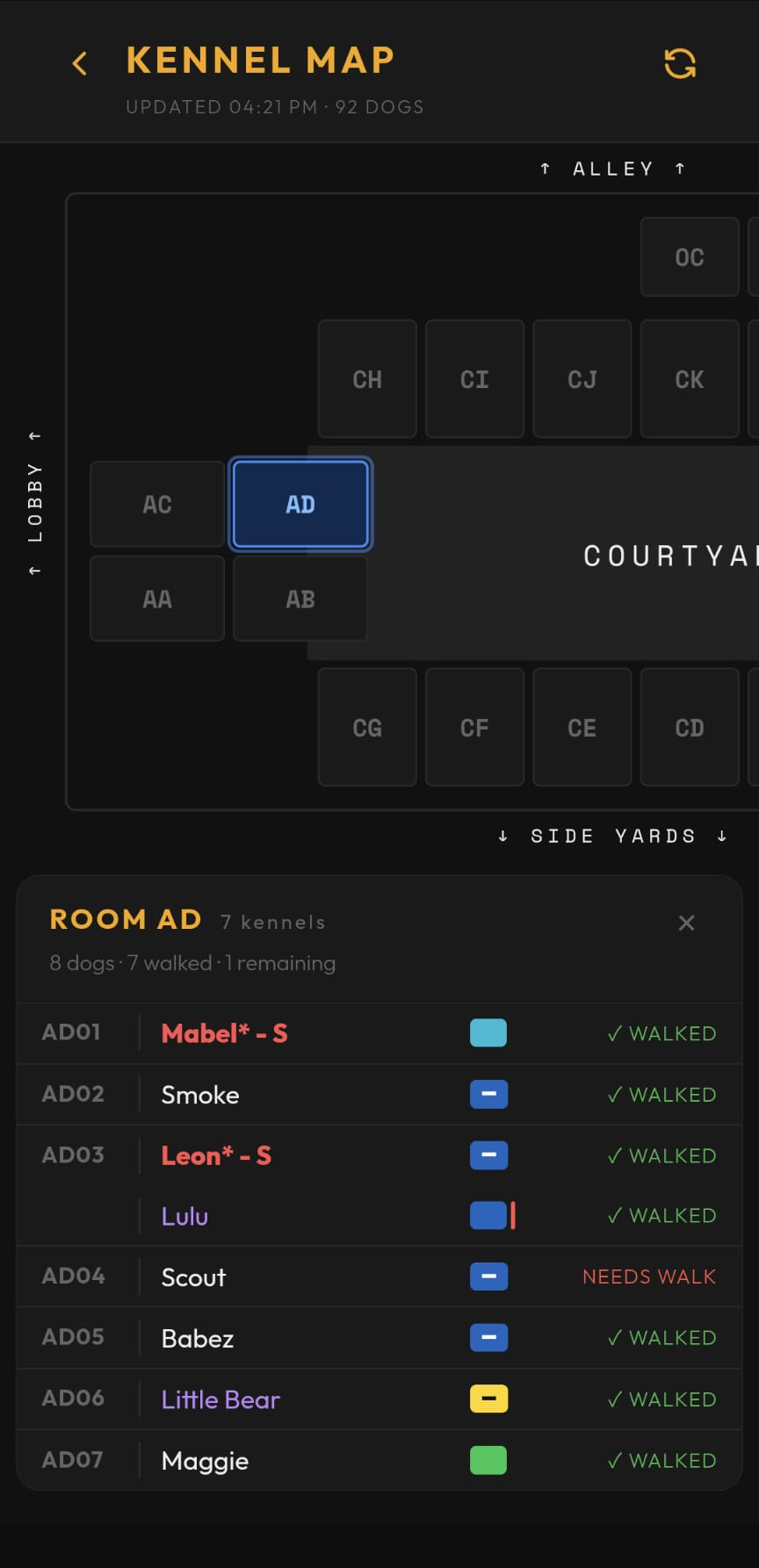 Screenshot: Kennel Map with a room selected