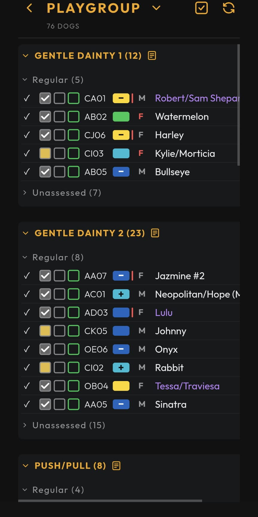 Screenshot: Playgroup screen showing Style groups with Regular/Unassessed subgroups