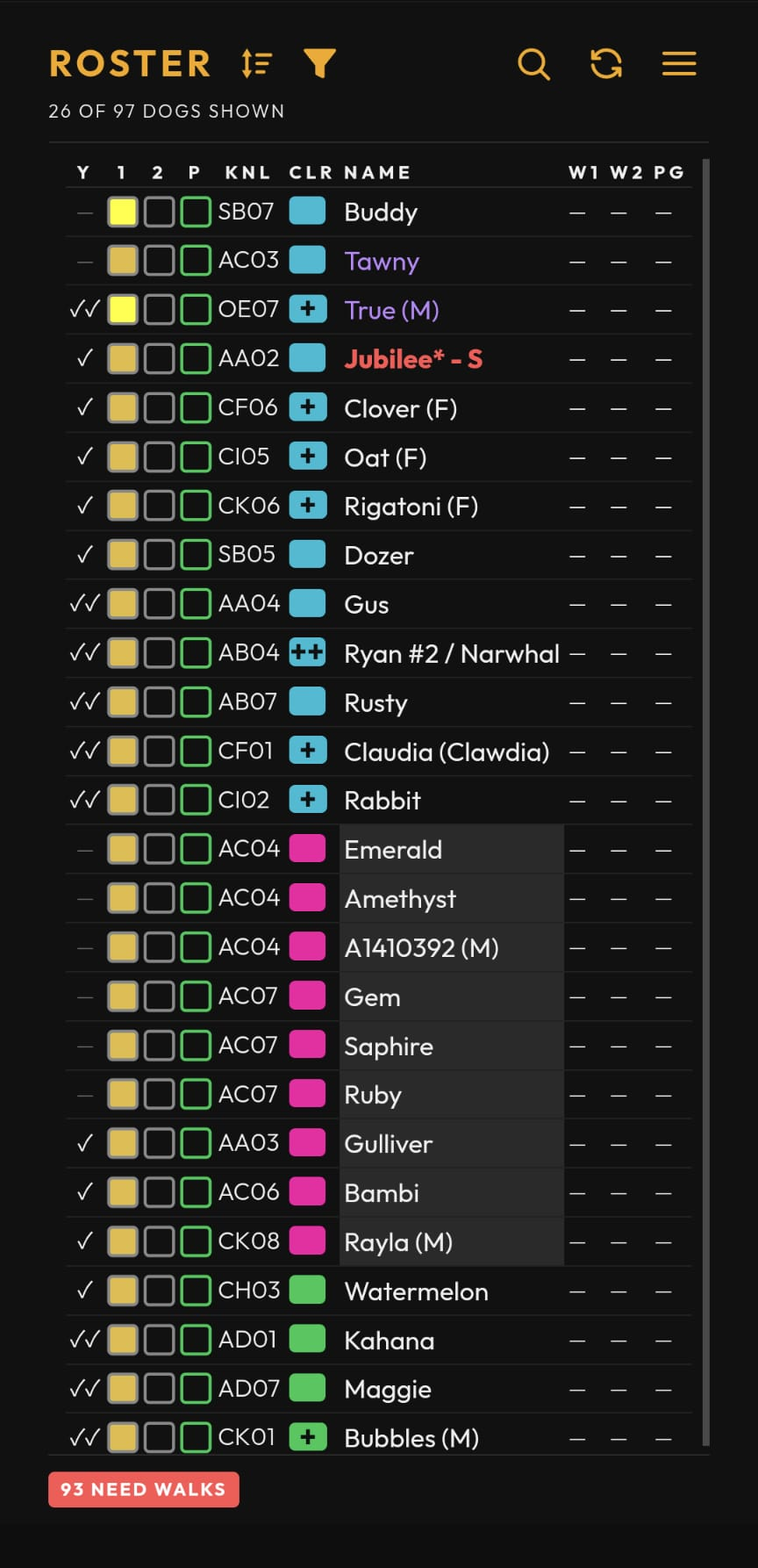 Screenshot: Roster screen, default WALK ORDER sort